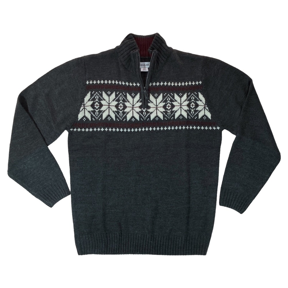 Haggar Men's Medium Sweater Fair Isle Quarter Zip Charcoal Gray White Maroon NEW